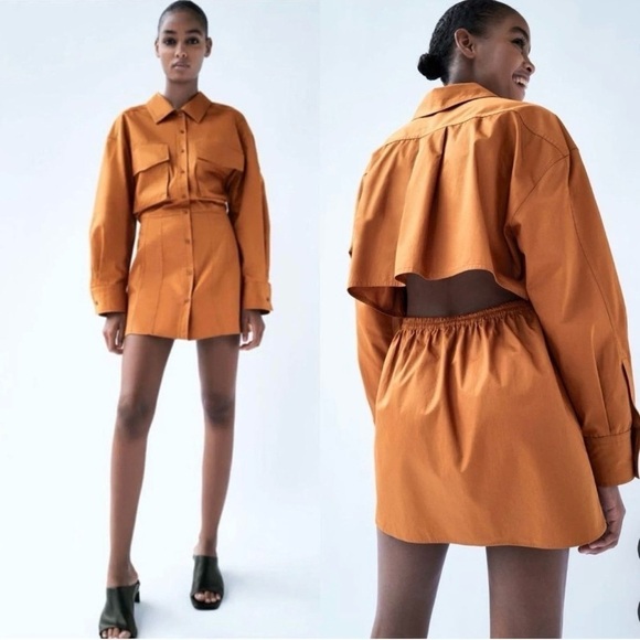 Zara Dresses & Skirts - ZARA Poplin Shirt-Dress With Pockets Brown NWOT